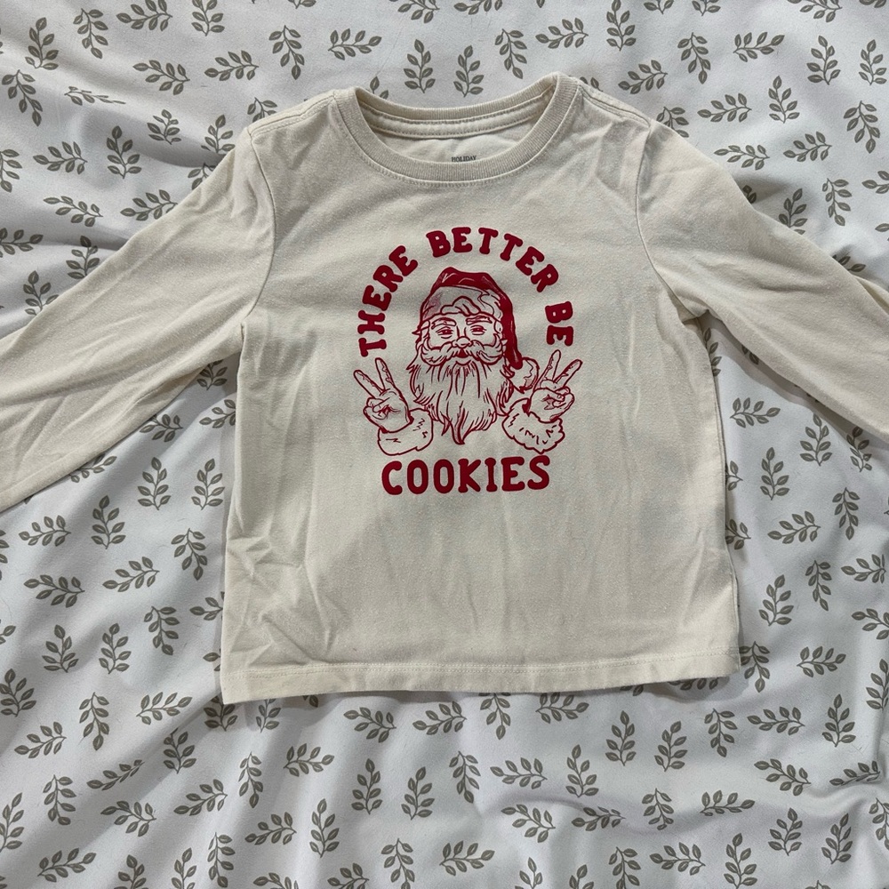 Kids Cream Long Sleeve Santa Shirt with Red Print